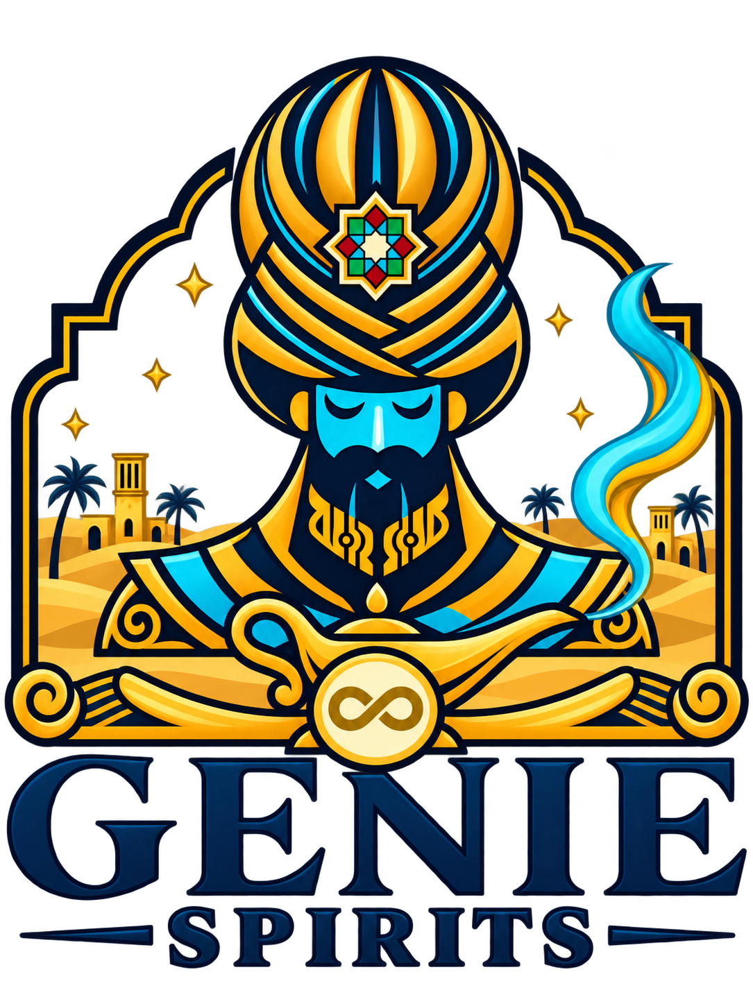 Genie Spirits logo with a turquoise and gold genie, Silk Route landscape, star and infinity medallion