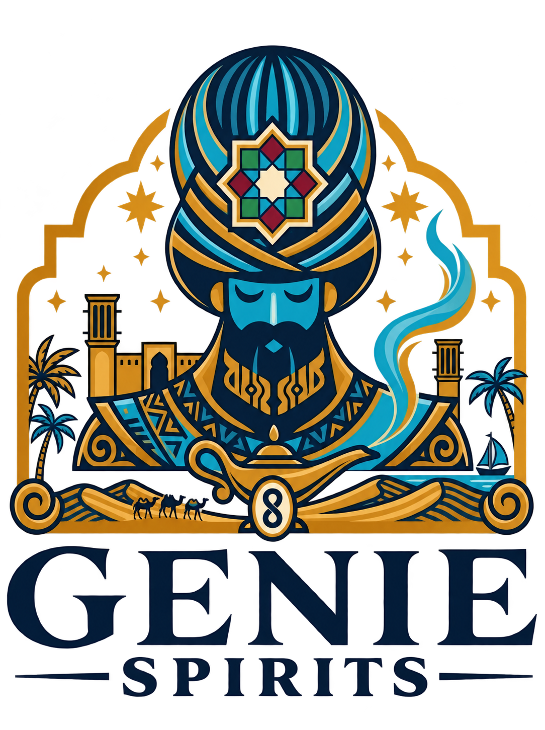 Genie Spirits emblem with a gold lamp, Silk Route landscape, star and infinity medallion